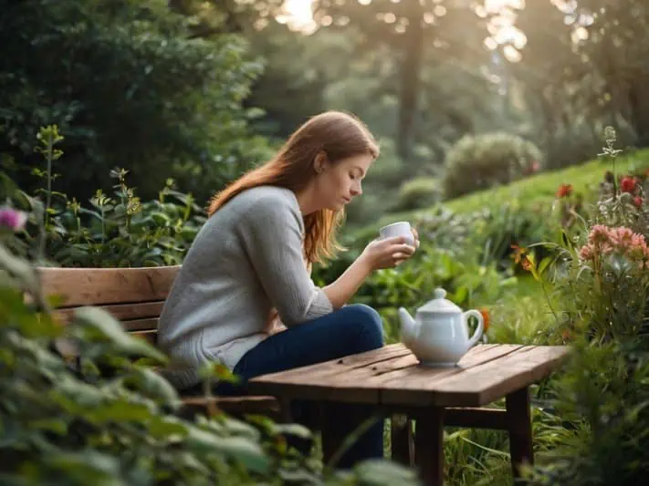 imagem de uma mulher com a cabeça baixa tomando chá em um jardim