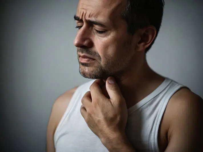 imagem de um homem com cara de dor tocando a garganta, sugerindo sinal de esofagite por Candida