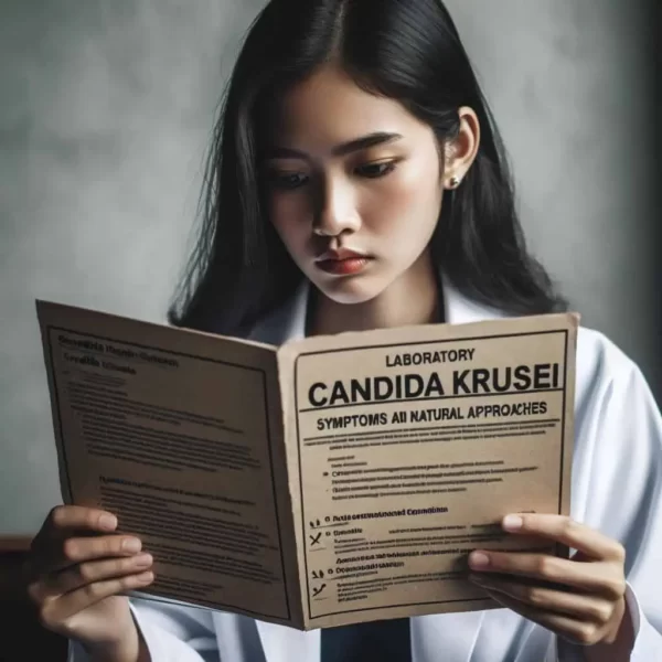 uma mulher lendo um panfleto de laboratório sobre a Candida Krusei e seus sintomas