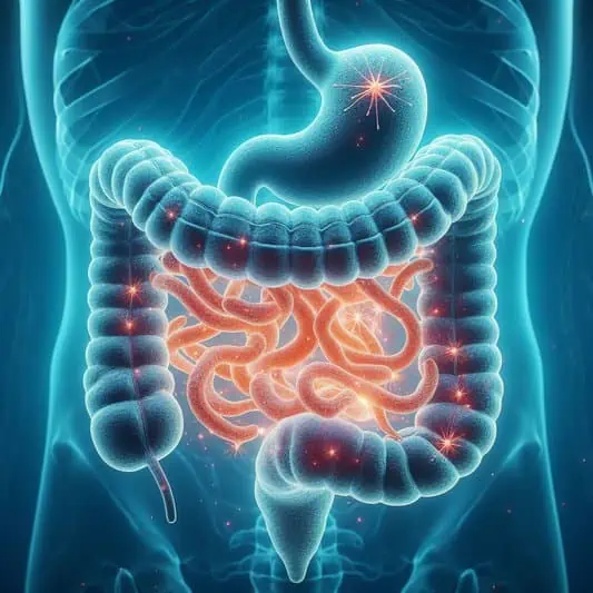 imagem ilustrativa de um intestino humano com pontos aonde surgem as infecções intestinais por fungos