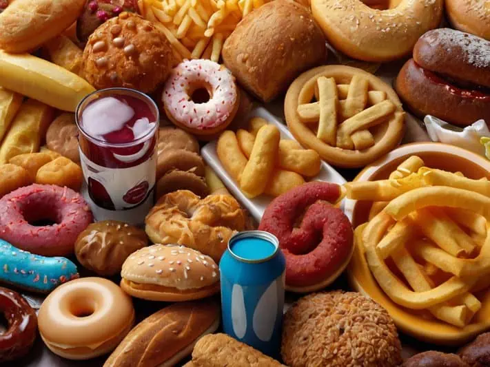 imagem de iversos alimentos inapropriados para a saúde intestinal e que podem prejudicar a candidíase intestinal