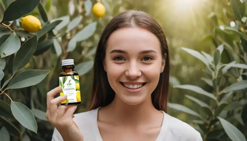 uma mulher sorridente segurando um frasco de óleo antifúngico contra candidíase e ao fundo arvores com frutos do eucalipto-limão