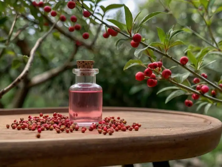 um vidro fechado com remédio natural feito com pimenta rosa e os frutos da aroeira espalhados sob a mesa.
