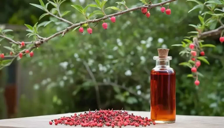 um frasco de óleo essencial de pimenta rosa contra a candidíase e de fundo a arvore aroreira carregada de frutos.