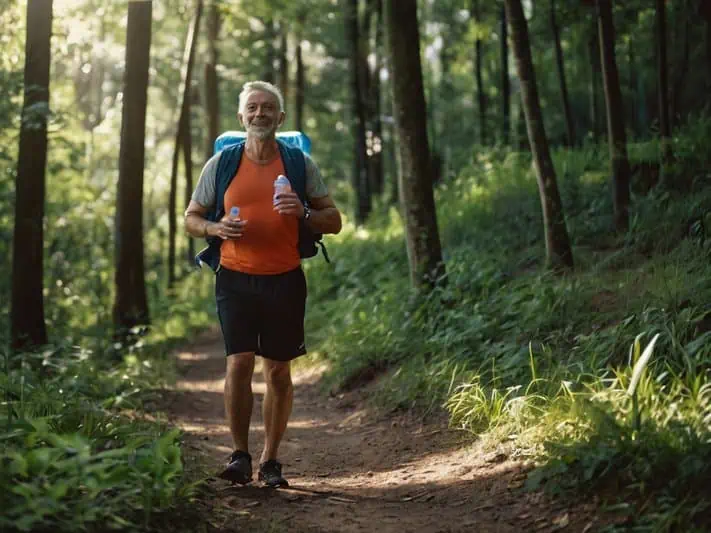 imagem de ums enhor de idade fazendo uma caminhada em uma trilha na floresta, mostrando um sorriso saudável