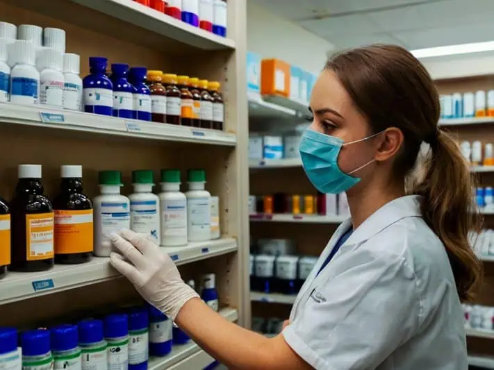 imagem de uma farmaceutica olhando medicamentos antifúngicos contra a candidíase