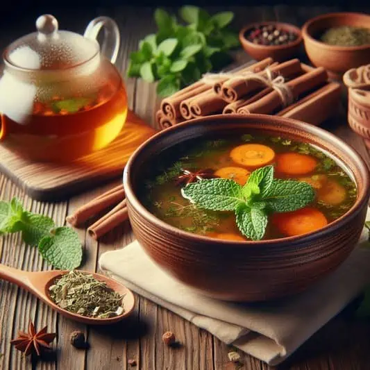 imagem de um prato de sopa da dieta contra candidíase cercada de condimentos e alimentos antifúngicos sob a mesa.