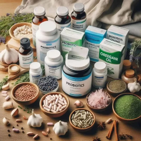 uma mesa com inumeros remédios naturais contra candidíase, incluindo aintifungicos de ervas naturais, alho e probióticos,