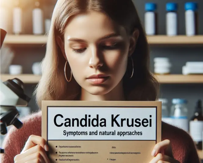 imagem de uma mulher segurando um cartaz escrito "Candida krusei sintomas e iniciativas naturais"