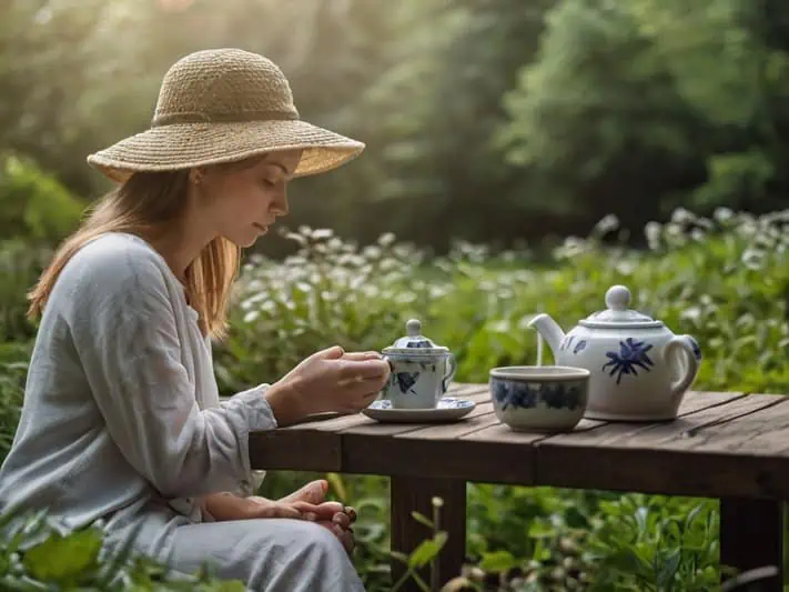 imagemd e uma mulher em um jardim cuidando da saúde e consumindo um chá antifúngico