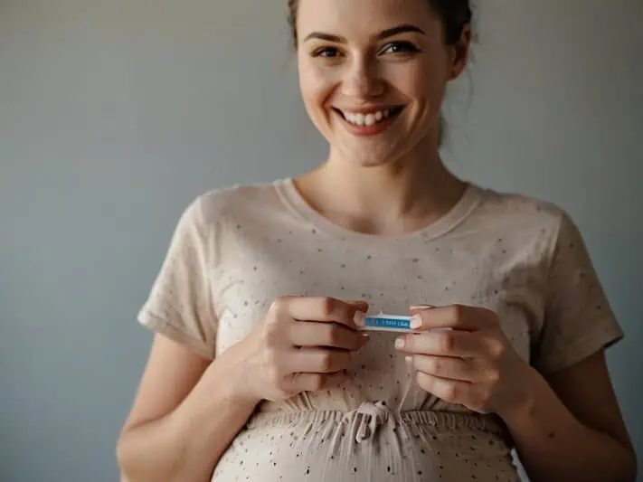 foto de uma gestante com sorriso no rosto e o teste de gravidez em mãos.