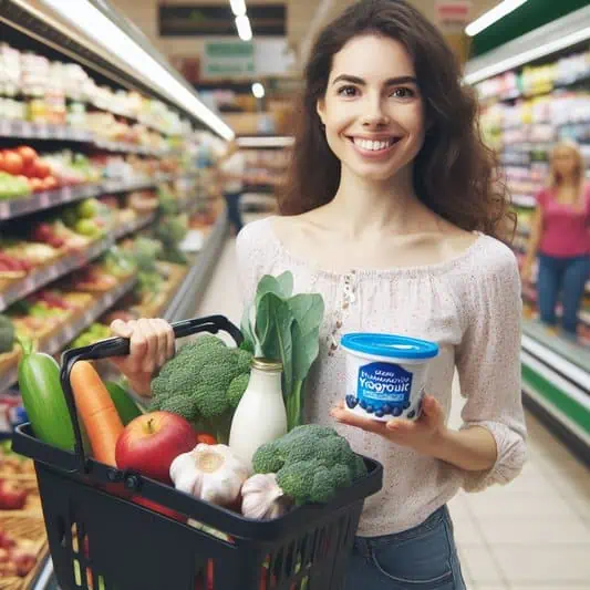 uma mulher sorridente no supermercado comprando probióticos e outros alimentos antifúngicos para tratamento do intestino