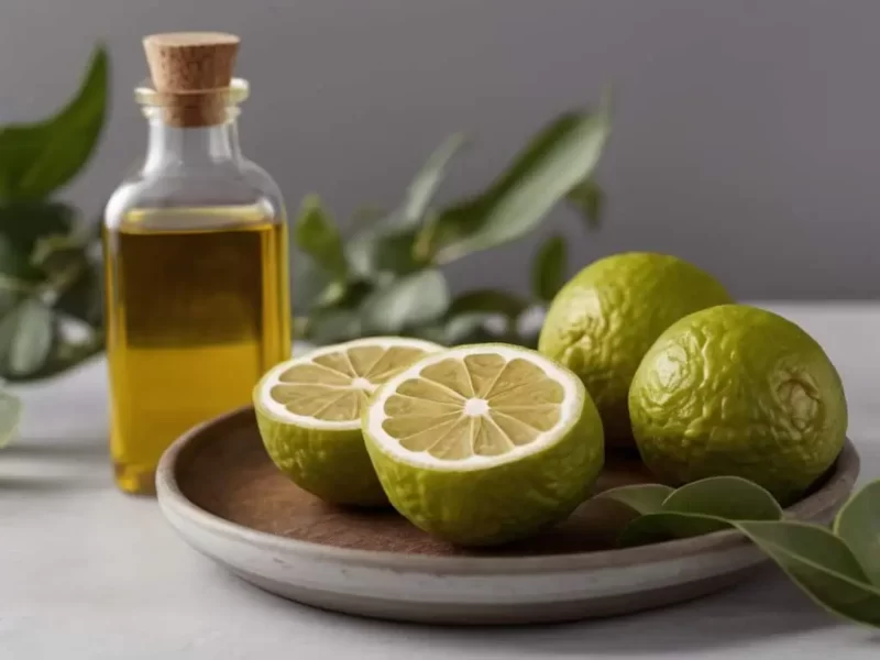 imagem de um pratod e madeira com frutas bergamota e ao lado um frasco grande do seu óleo essencial antifúngico