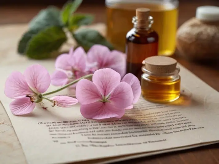 Um livro de receitas naturais e um frasco de óleo essencial de gerânio utilizado contra a candidíase ao lado de uma flor da planta medicinal