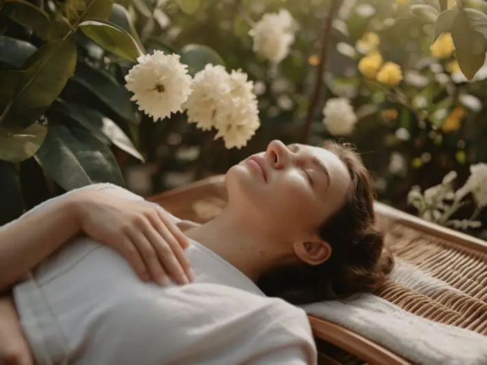 imagem de uma mulher deitada e com cara de alívio em meio a flores de um jardim.