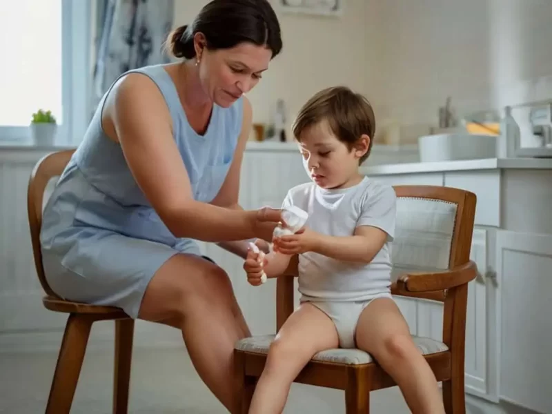 imagem de uma criança sendo ajudada por sua mãe a aplicar remédio para tratar candidíase infantil