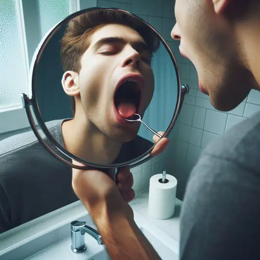 imagem de um homem com candidíase na boca avaliando os sintomas com um espelho