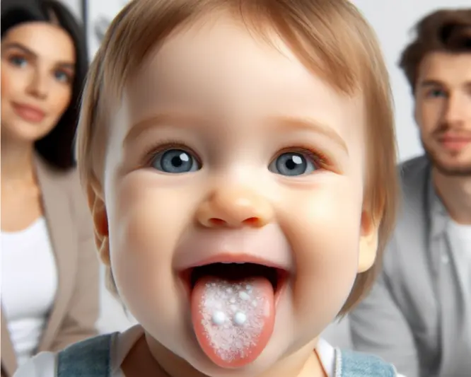 imagem de um bebê com a lingua infectada por candidíase e seus pais ao fundo observando
