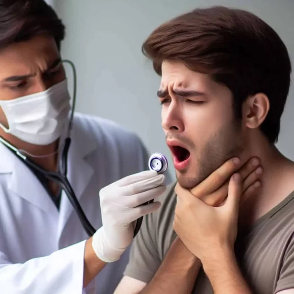imagem de um paciente com sinais de candidíase no esôfago com a mão na garganta e sendo examinado por um médico
