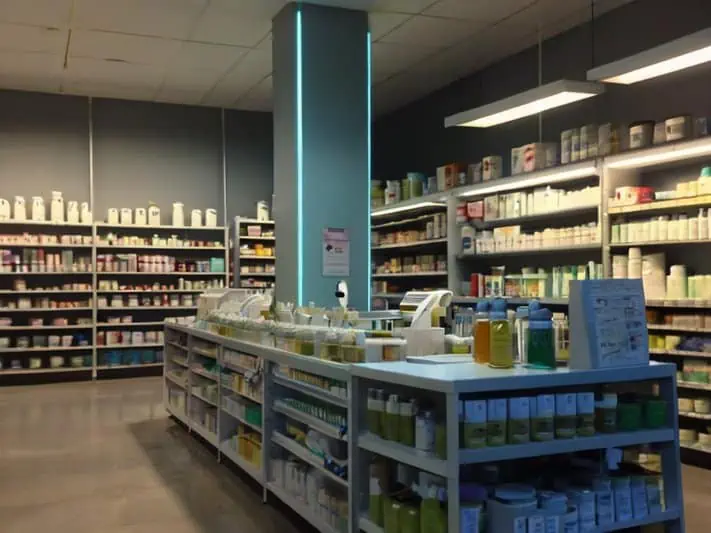 imagem de uma farmacia e suas prateleiras cheias de enxagues bucais e outros medicamentos antifúngicos