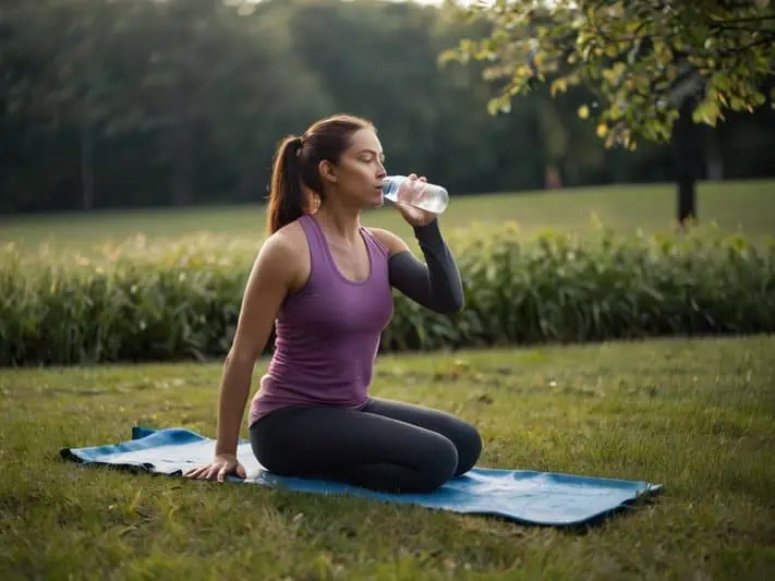 imagem de uma mulher bebendo agua após fazer exercicíos físicos como prevenção para problemas de saúde.