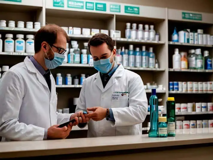imagem de dois farmacêuticos trabalhando com medicamentos antifúngicos