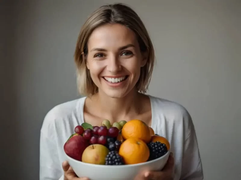imagem de uma mulher sorridente mostrando um cesto de frutas típicas da dieta para candidíase
