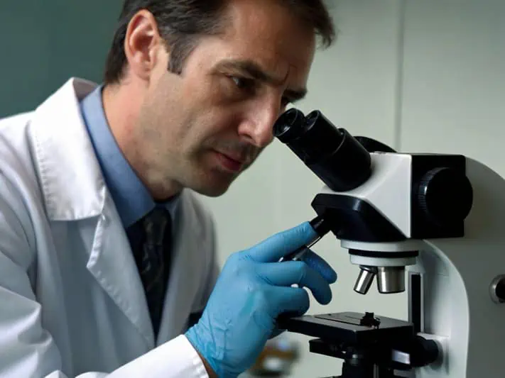 imagem de um médico observando os fungos Candida SP por microscópio para realizar estudos