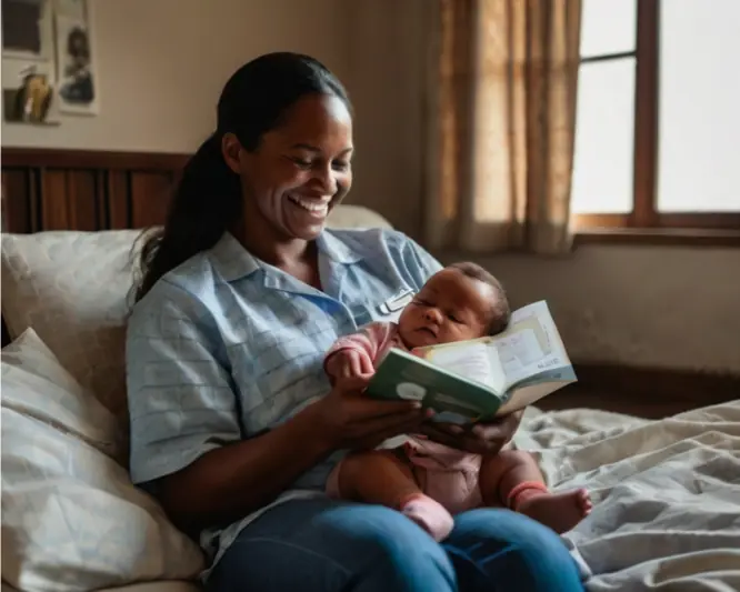 imagem de uma mãe de informando com um livro com o bebê no colo