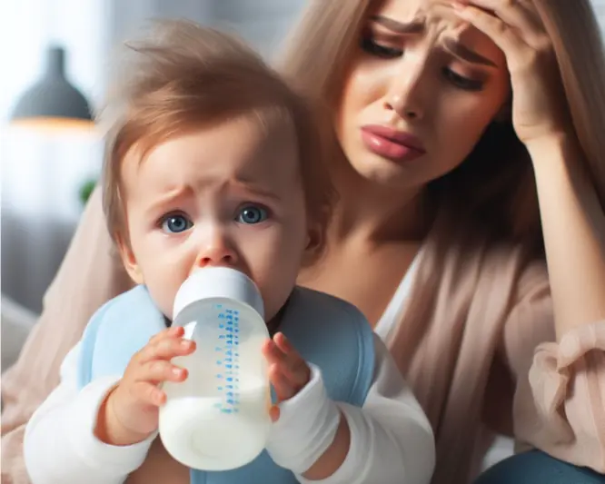 imagem de uma mãe preocupada com a candidíase na boca do bebê assistindo-o tomar mamadeira