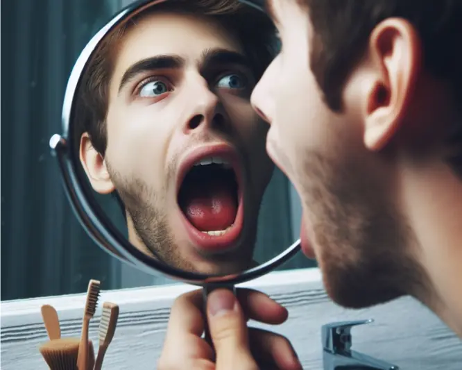 imagem de uma pessoa se olhando no espelho com candidíase bucal