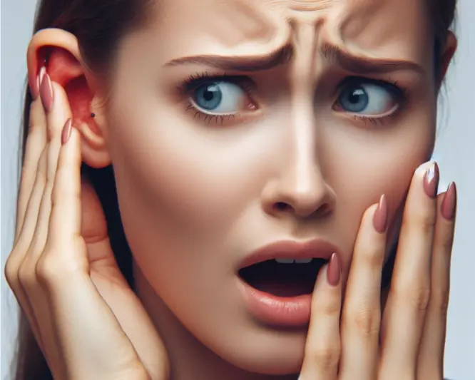 imagem de uma mulher com dor no ouvido e com cara de medo da candidíase no ouvido