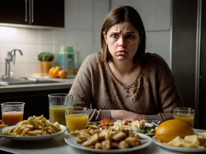 imagem de uma mulher sofrendo candidíase sistemica sem apetite diante uma mesa com comida