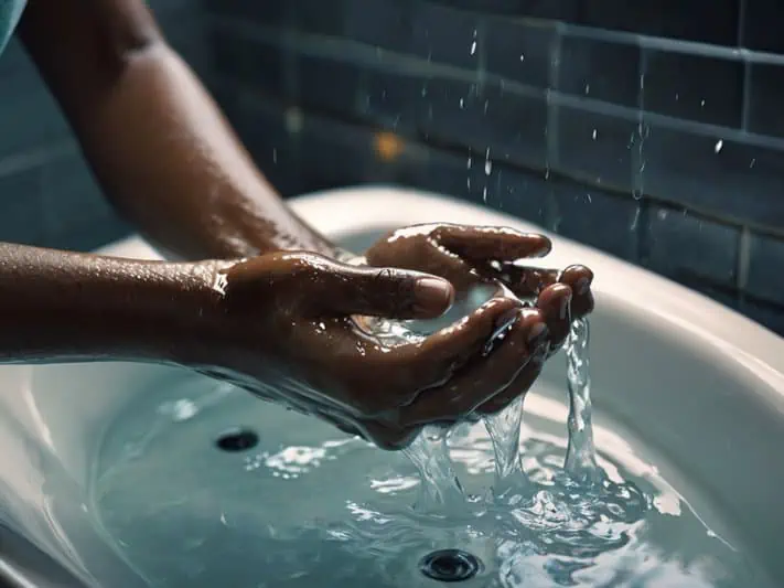 imagem de uma pessoa limpando as mãos em uma pia
