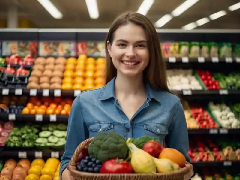 uma mulher segurando uma cesta de alimentos proprios da dieta antifúngica em um supermercado