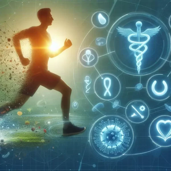 imagem de um humem praticando atividade fisica e simbolos ilustrando a medicina, os microorganismos e a saúde humana