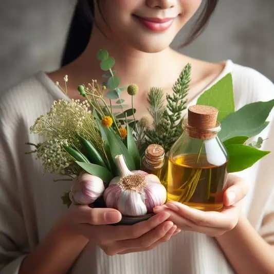 imagem de uma mulher segurando remédios naturais utilizados para o tratamento alternativo da candidíase, como o alho, óleos essenciais e plantas medicinais