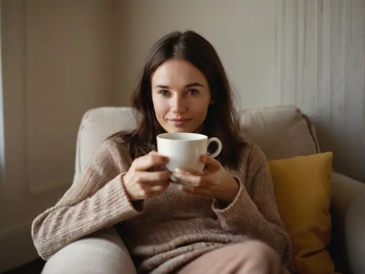 imagem de uma mulher saboreando o chá calmante feito com camomila