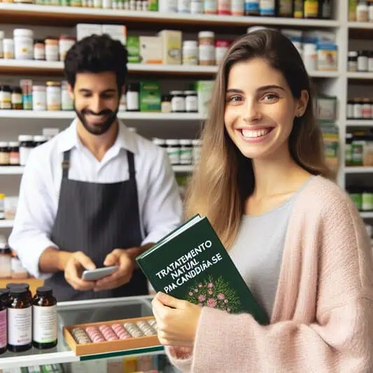 imagem de uma mulher em uma farmácia sendo atendia com um livro sobre tratamento natural para candidíase