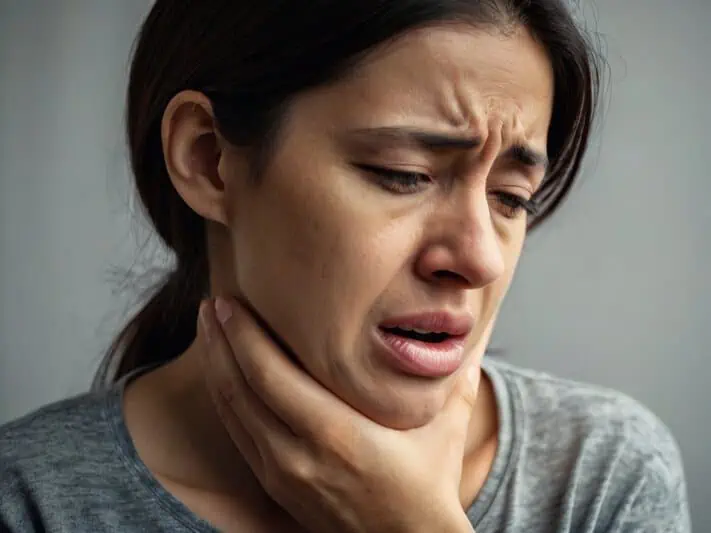imagem de uma mulher com a mão no pescoço sofrendo com a candidíase esofágica