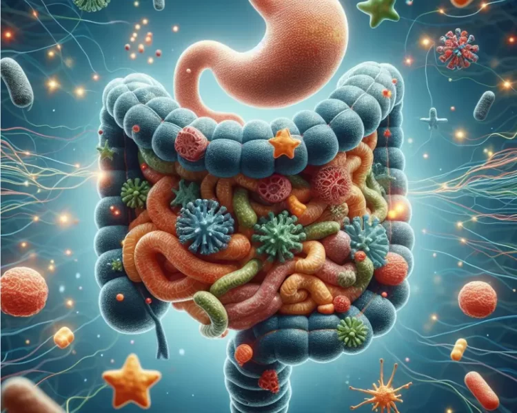 ilustração de um intestino humano com a flora bacteriana viva e saudável