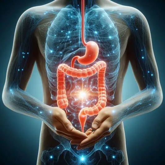 ilustração do corpo humano e do intestino interligado com outros orgãos do corpo