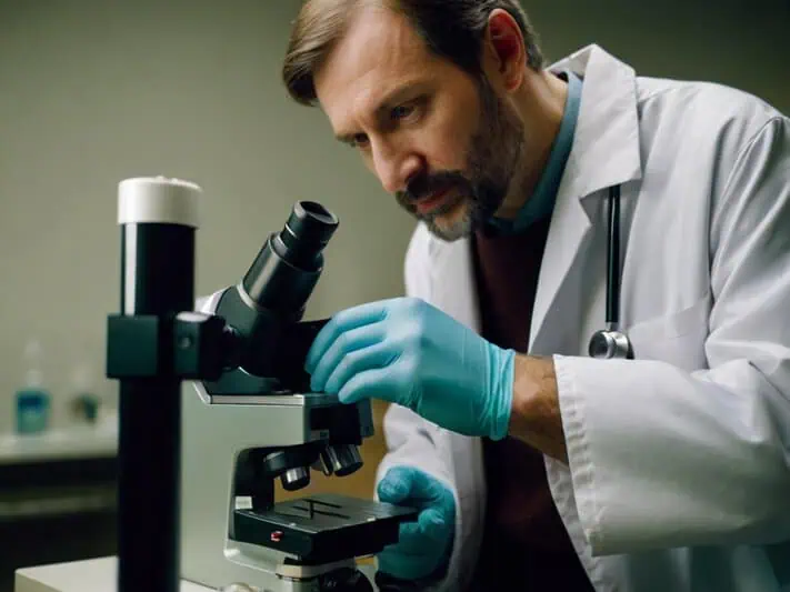 imagem de um cientista regulando um microscópio em laboratório de testes