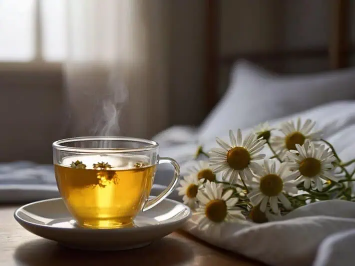 imagem de uma xicara de chá de camomila e folhas da planta medicinal sob uma cama