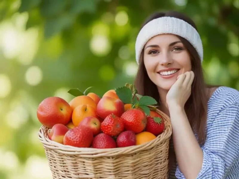 imagem de uma mulher com sorriso amigável ao lado de um cesto de frutos proprios da alimentação contra fungos vaginais