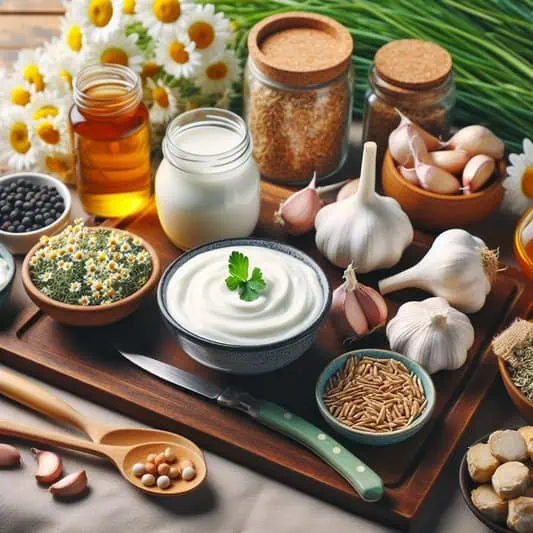 imagem de uma mesa com alimentos antifúngicos e proprios da dieta para candidíase