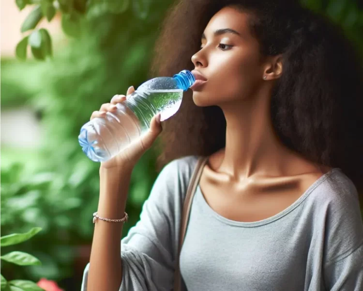 uma mulher se hidratando com agua em tratamento contra a candidíase recorrente