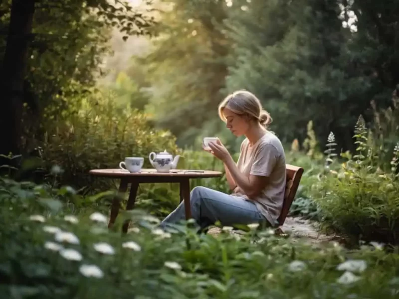 imagem de uma mulher com cabeça baixa tomando chá ao céu aberto