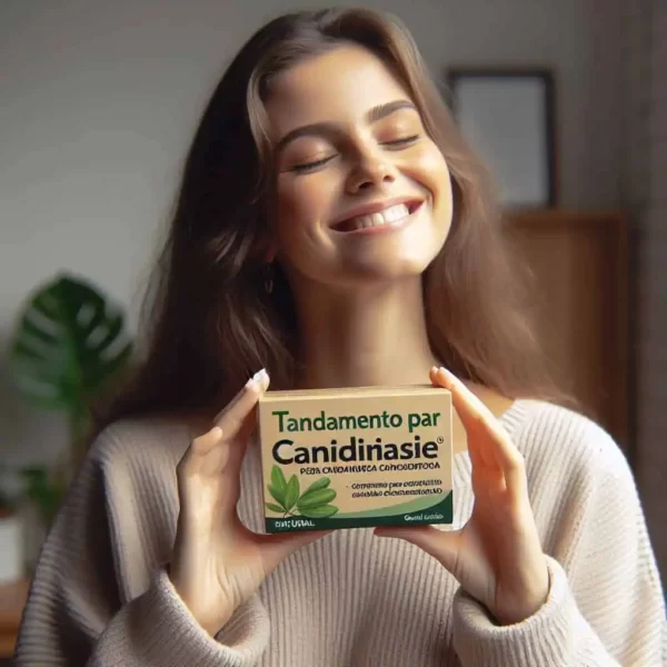 imagem de uma mulher sorridente segurando uma caixa de remédios naturais para tratamento da candidíase feminina