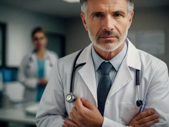 imagem de um médico com braços cruzados em um hospital